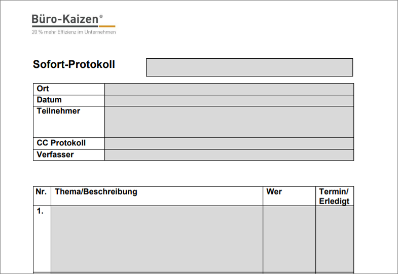 Aufbau des Sofort-Ergebnisprotokolls von Büro-Kaizen. 
