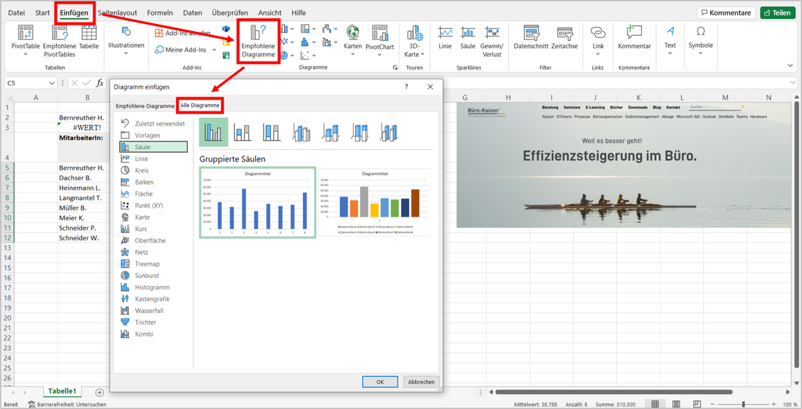 So erhalten Sie alle verfügbaren Diagrammtypen in Excel zur Ansicht. Das Programm erstellt dann aus Ihren Werten automatisch das passende Diagramm. Bild: Microsoft Excel, Büro-Kaizen.