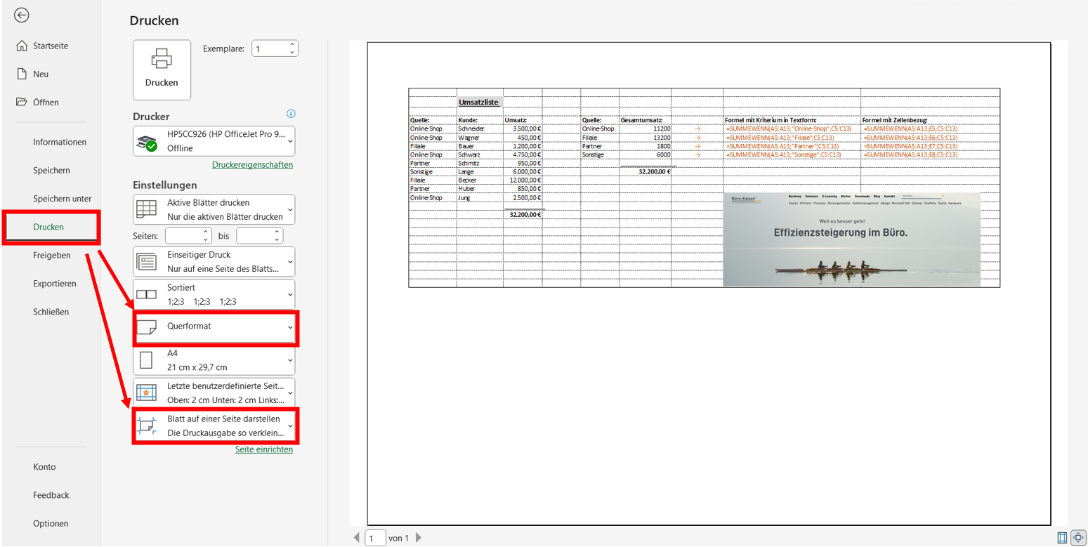 Excel Blatt auf einer Seite darstellen