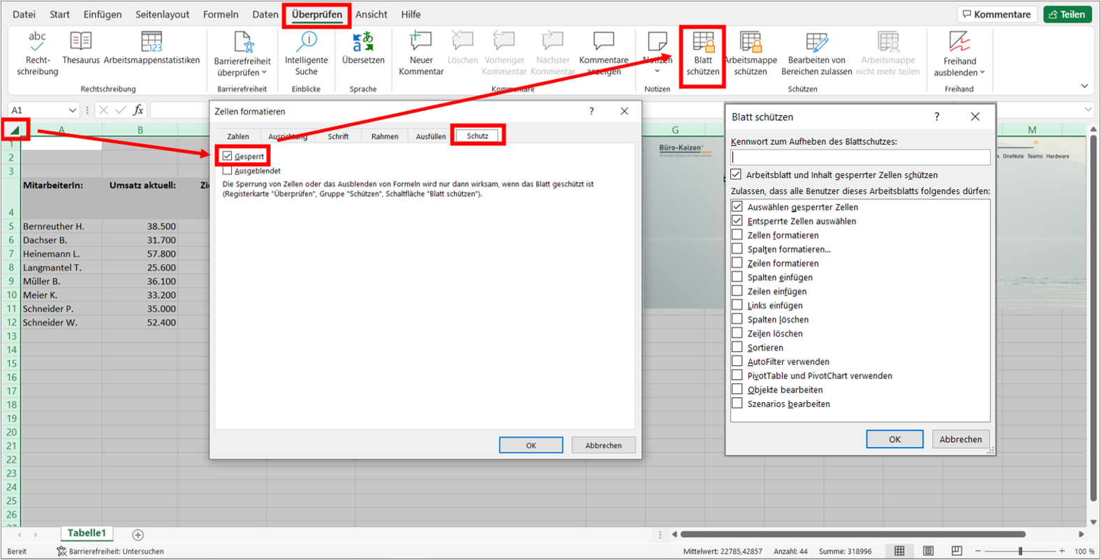 Um Formeln in Excel vor Überschreiben zu schützen, muss zunächst der Zellschutz und dann der Blattschutz aktiviert werden. Bild: Microsoft Excel, Büro-Kaizen.