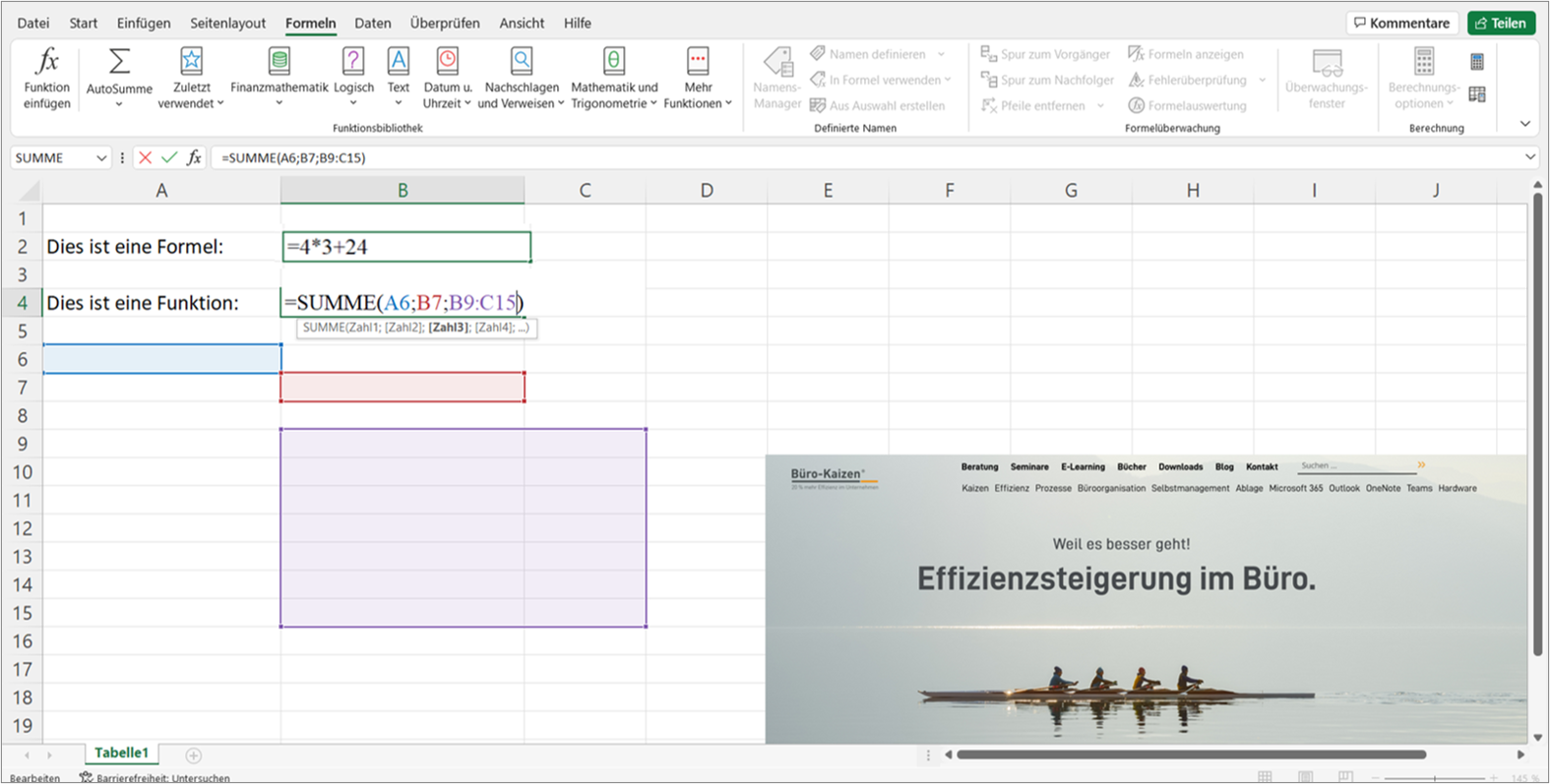 Mit den Formeln kann man in Excel komplexe Rechenaufgaben innerhalb der Tabelle durchführen. Im Unterschied dazu beschreiben die Funktionen viel allgemeiner komplexe Handlungsanweisungen. Bild: Microsoft Excel, Büro-Kaizen.