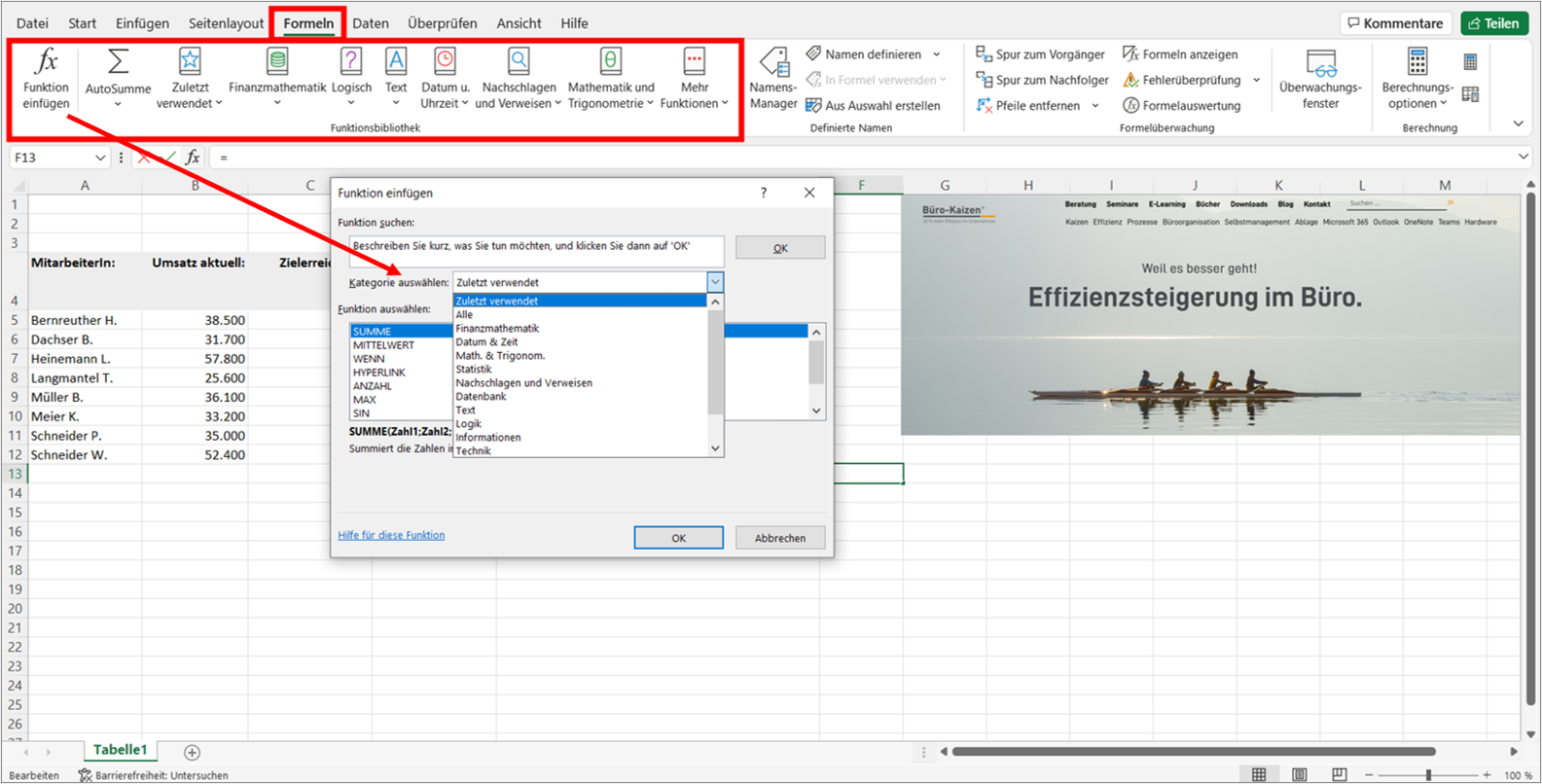 In Excel können Sie sich alle Funktionsformeln übersichtlich nach Kategorien sortiert anzeigen lassen. Bild: Microsoft Excel, Büro-Kaizen.
