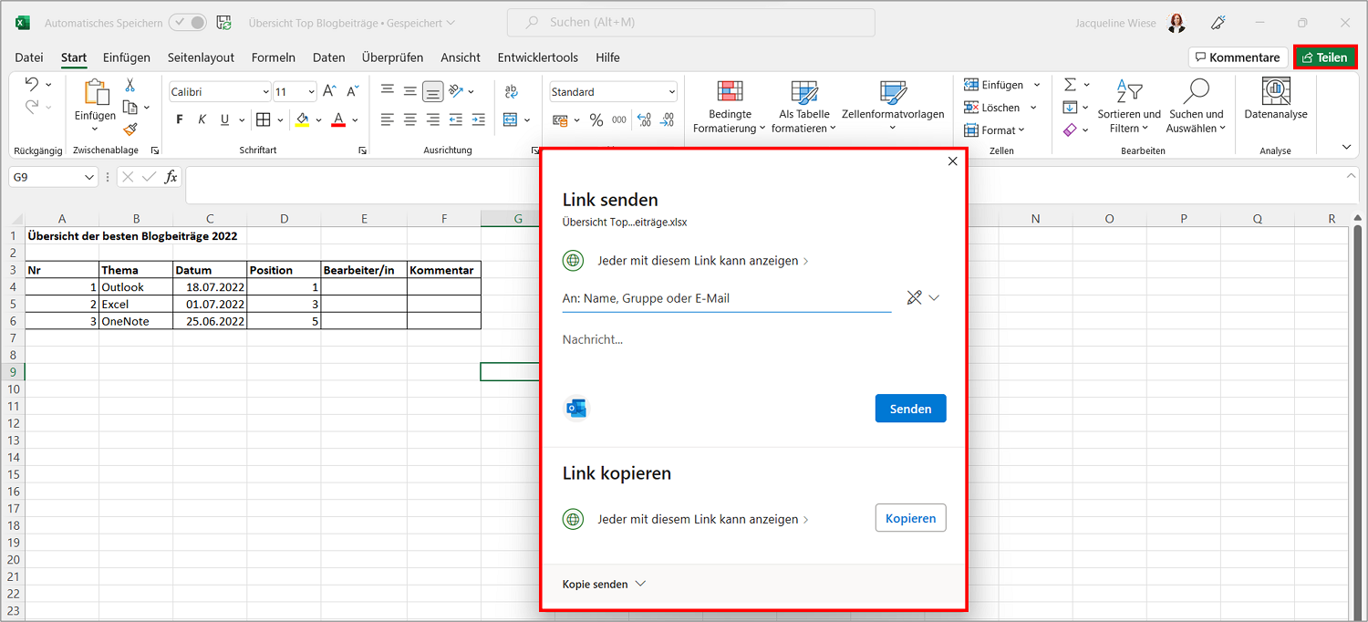 Wenn Sie die Excel aus Ihrem OneDrive freigeben, können auch andere die Excel gleichzeitig bearbeiten.