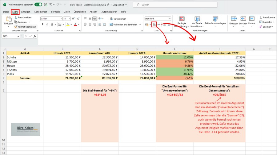 Excel Prozentrechnung Mit Beispielen und Vorlage für alle Formeln