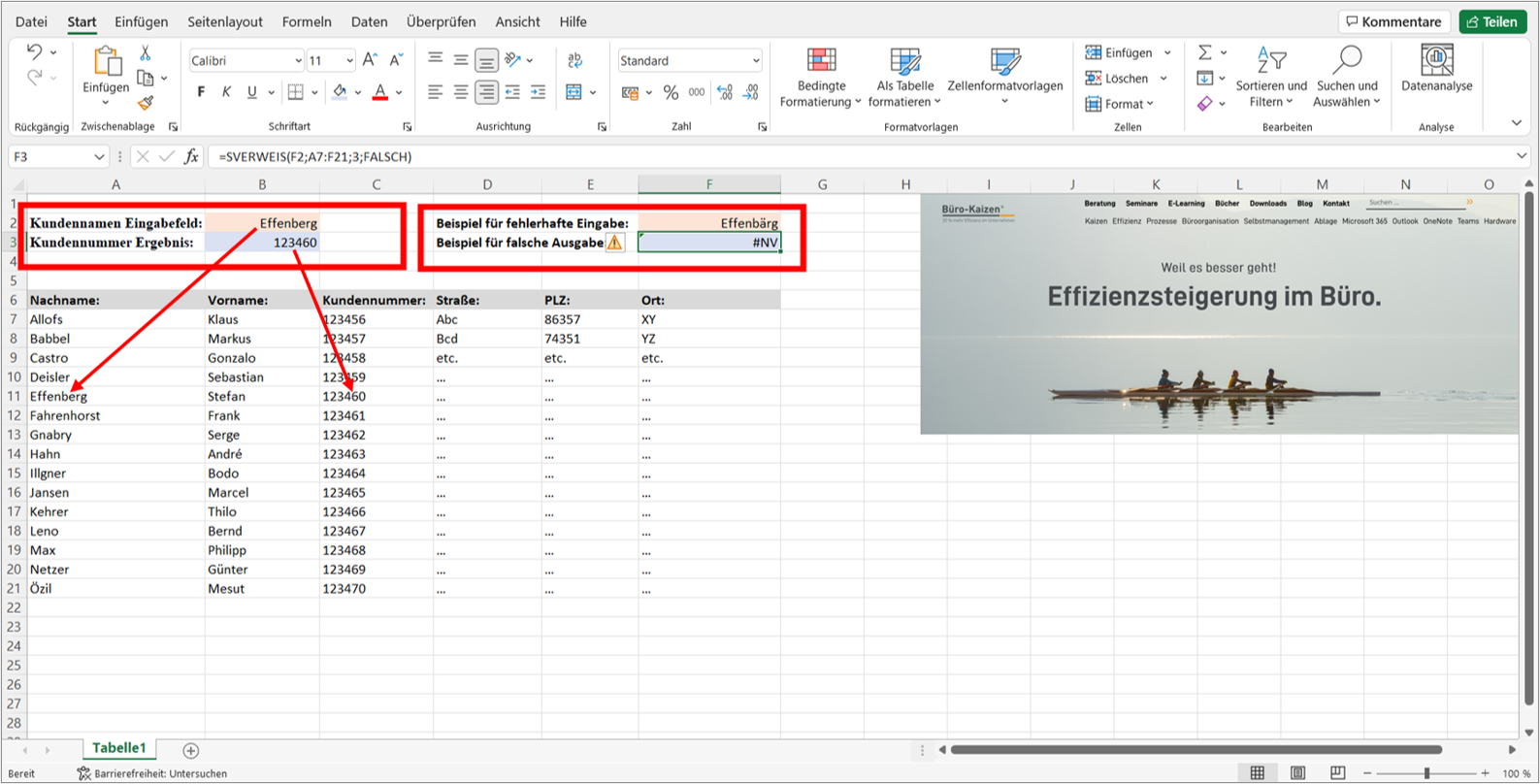 Ist das Sverweis-Nachschlagefeld einmal angelegt, lassen sich auch große Datensammlungen künftig schnell und effizient nach den benötigten Werten durchsuchen (z.B. der Kundennummer zu einem Kundennamen). Bild: Microsoft Excel, Büro-Kaizen.