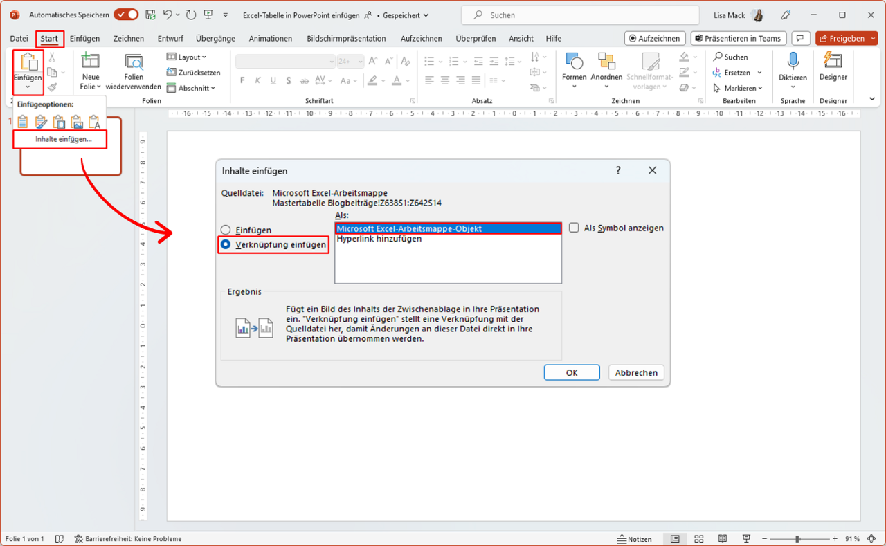 ExcelTabelle in PowerPoint einfügen, verknüpfen und animieren