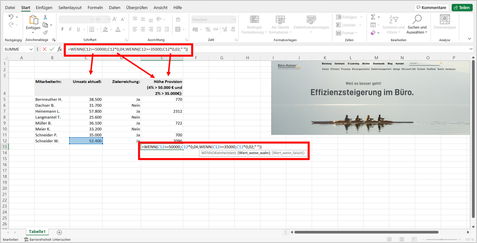 Um mehrere Bedingungen auf einmal abzufragen, können auch mehrere Wenn-Dann-Funktionen ineinander verschachtelt werden. Bild: Microsoft Excel, Büro-Kaizen.