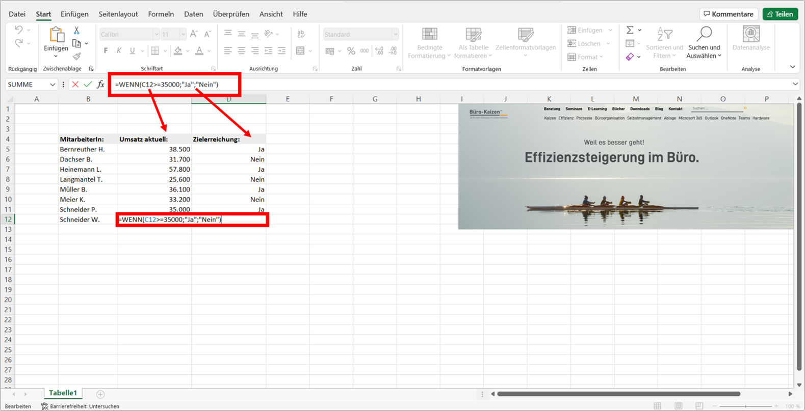 So sieht eine einfache Wenn-Dann-Funktion in Excel aus. Die Formel lässt sich jedoch auch für mehrere Bedingungen auf einmal verschachteln oder auch mit einem Sverweis und anderen Funktionen kombinieren. Bild: Microsoft Excel, Büro-Kaizen.