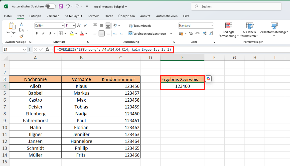 Excel XVERWEIS Ergebnis