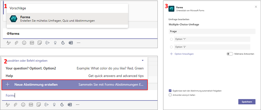 Mit der Eingabe → @Forms können Sie schnell und einfach Sofort-Umfragen in einem Teams-Kanal durchführen, mit Echtzeitanzeige des Abstimmverhaltens.