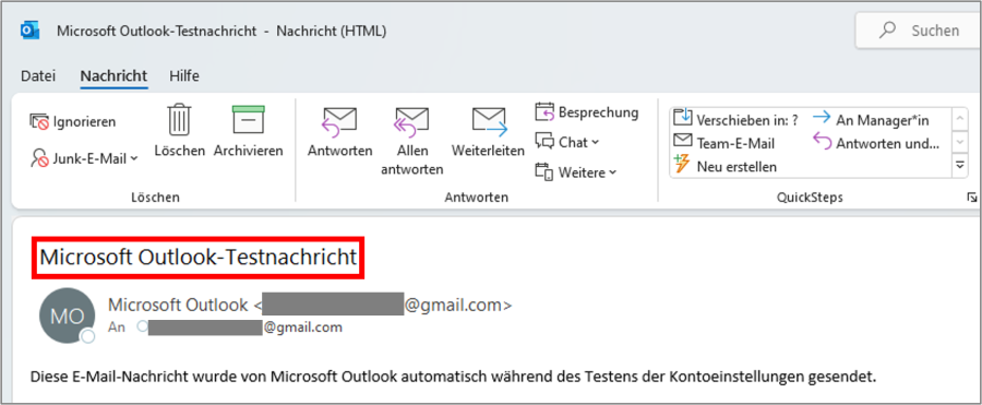 Sollten Sie erfolgreich Ihre Gmail in Outlook eingerichtet haben, wird Ihnen automatisch eine Test-E-Mail geschickt. 
