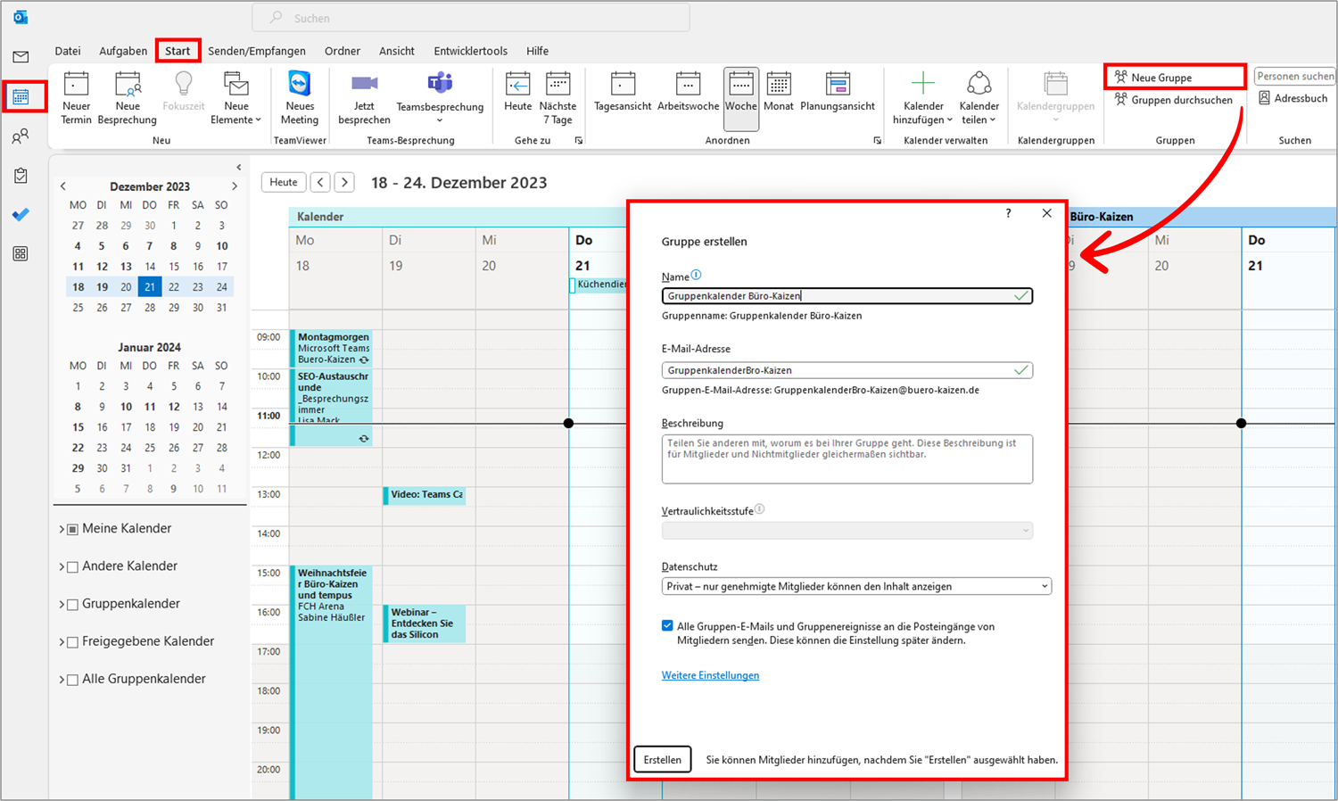 Eine weitere Möglichkeit einen Teamkalender in Outlook zu erstellen, ist mittels Microsoft 365-Gruppen.
