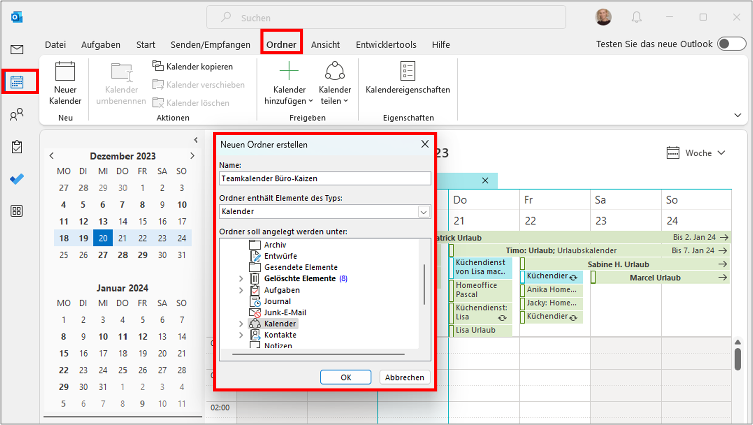 Einen Gruppenkalender in Outlook können Sie mittels freigegebene Kalender erstellen.