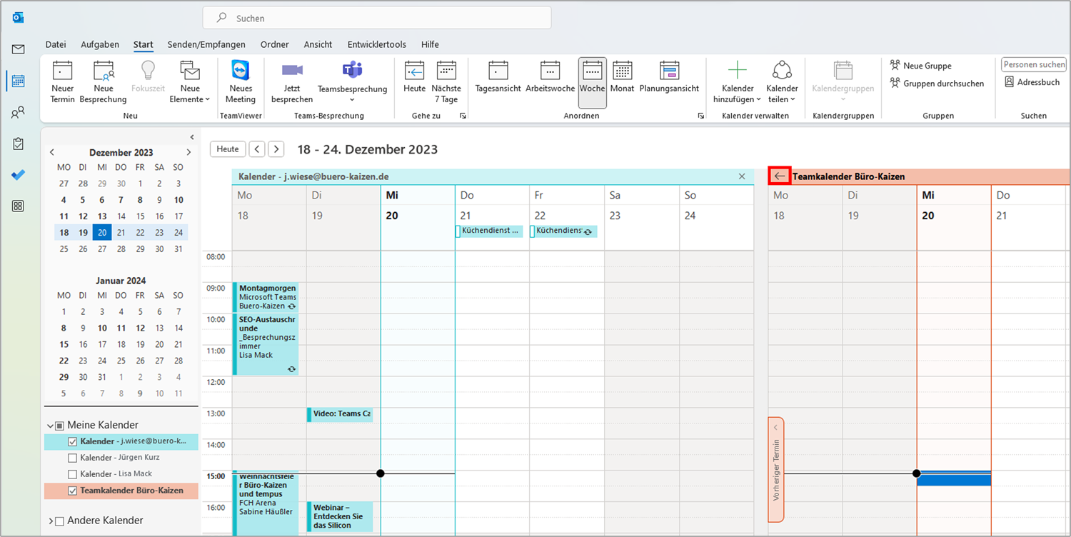 Sie können sich Ihren eigenen und den Gruppenkalender in Outlook überlagert anzeigen lassen.