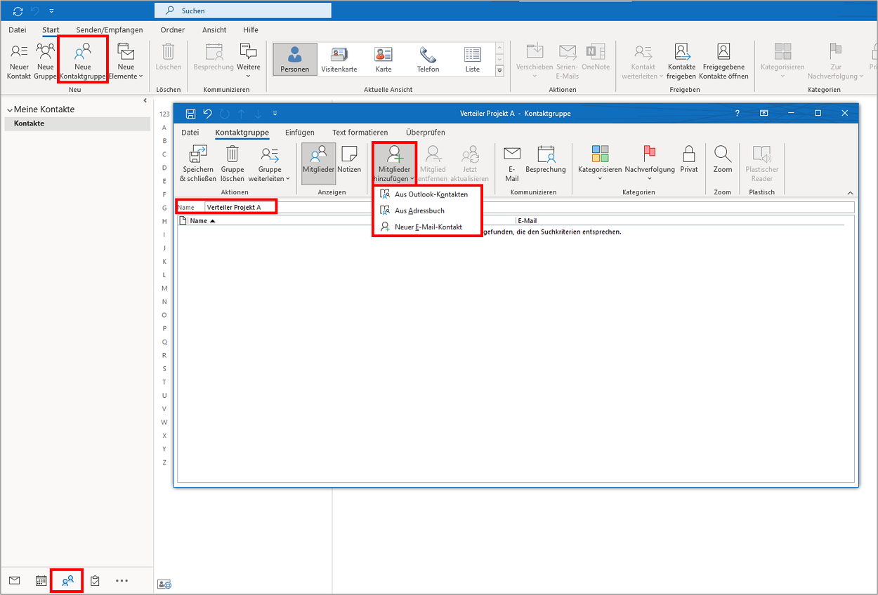 Wenn Sie eine neue Verteilerliste ("Kontaktgruppe") in Outlook erstellen, können Sie die einzelnen Mitglieder entweder aus Ihrem Outlook-Kontaktordner hinzufügen, einem Adressbuch oder per Eingabe der E-Mail-Adressen, ohne die einzelnen Empfänger extra als Kontakt abgespeichert zu haben.