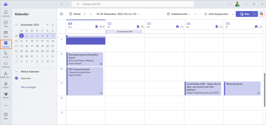 Neuer Kalender Teams dauerhaft