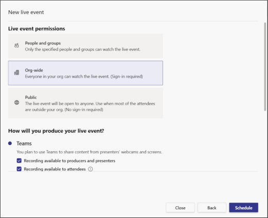 Wählen Sie aus, ob Ihr Live-Event für bestimmte Personen/Gruppen, Ihre Organisation oder öffentlich stattfinden soll (Quelle: Microsoft.com).