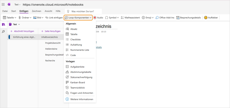 Support Ende Loop-Komponenten OneNote Web