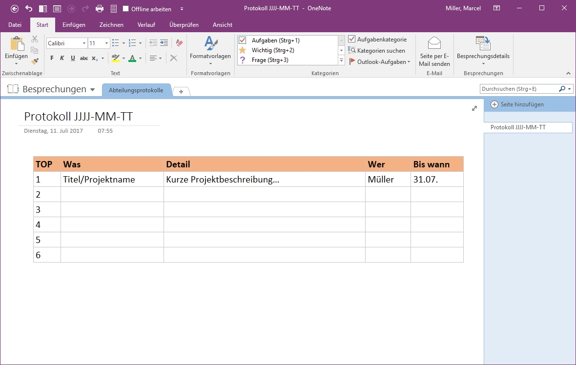 OneNote in Meetings - Ihr Umsetzungsmotor (Protokoll Vorlage) Intended For Onenote Meeting Template