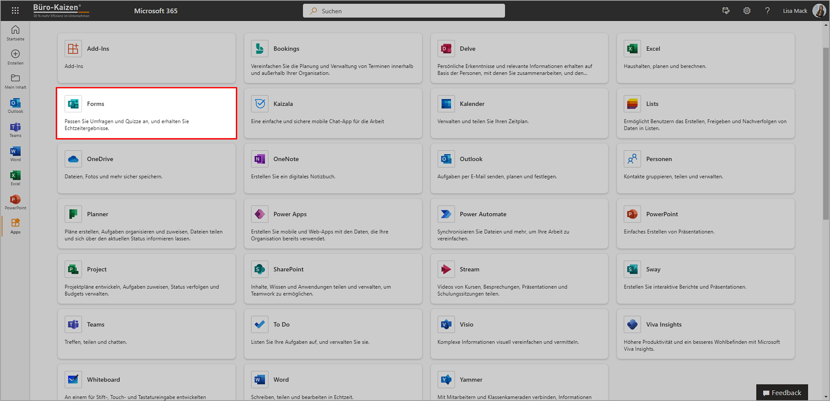 Die Web-App von Microsoft Forms