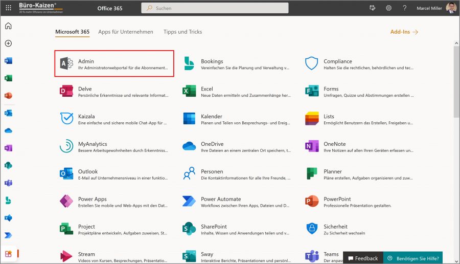 Bei Microsoft 365 gibt es eine Übersicht aller Apps. Das Administratorwebportal ist dabei nur für berechtigte Nutzer sichtbar.