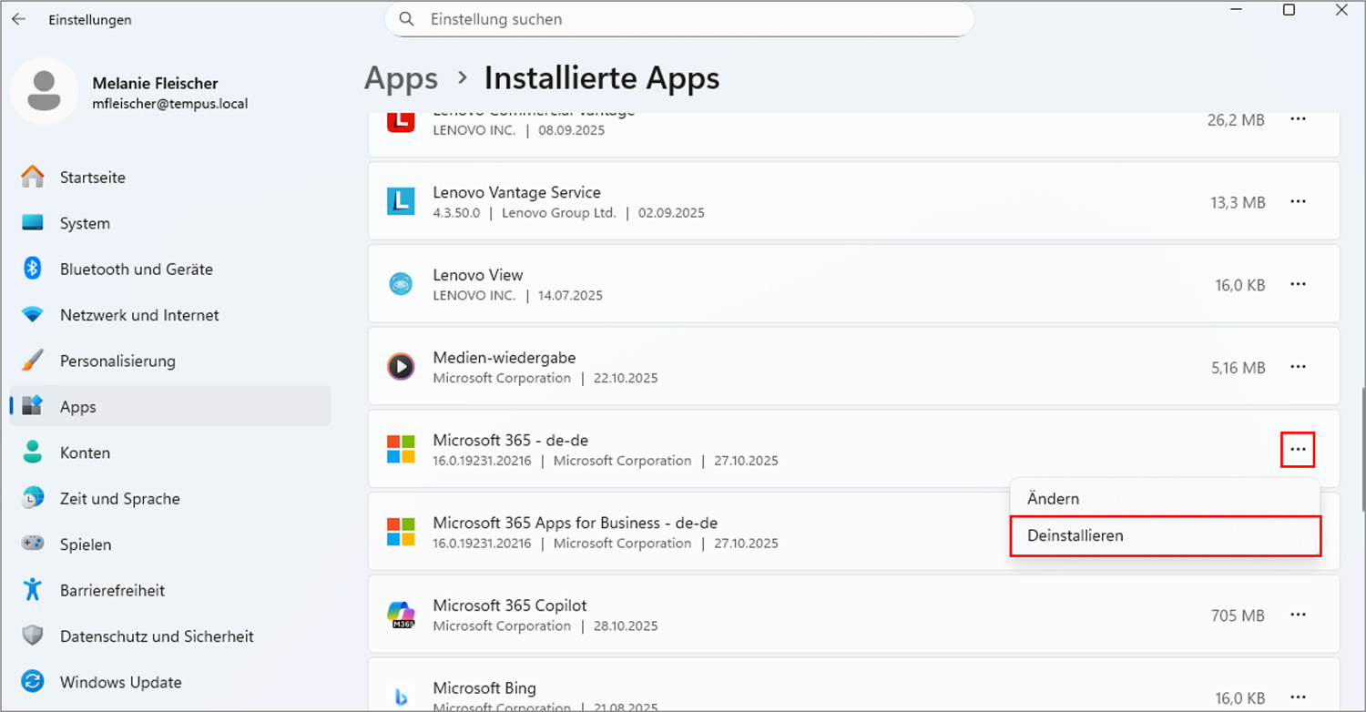 Microsoft 365 installieren deinstallieren Einstellungen