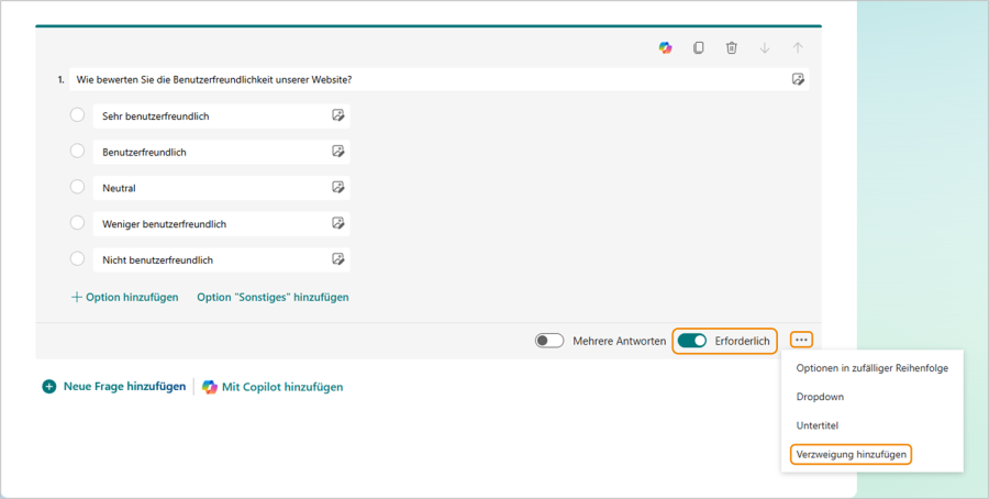 Microsoft Forms Einstellungen Antwortoptionen