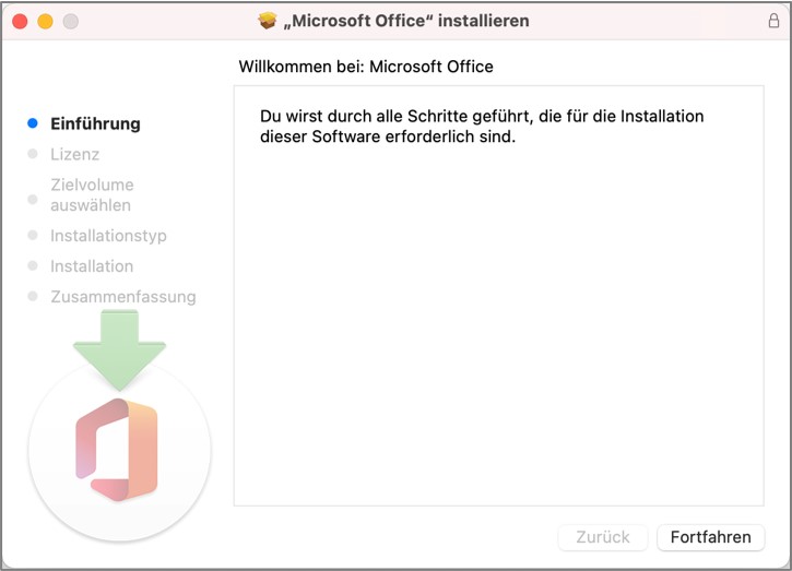 Wenn Sie das Microsoft Office 365 Paket auf dem MacBook installieren, können Sie im Bereich "Einführung" auf das Feld "Fortfahren" klicken.