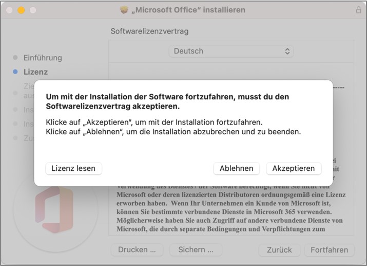 Im Bereich "Lizenz" können Sie nochmal den Microsoft Office 365 Vertrag überprüfen.