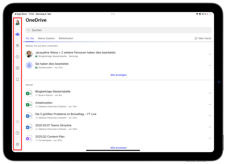 Microsoft Office für iPad Benutzeroberfläche