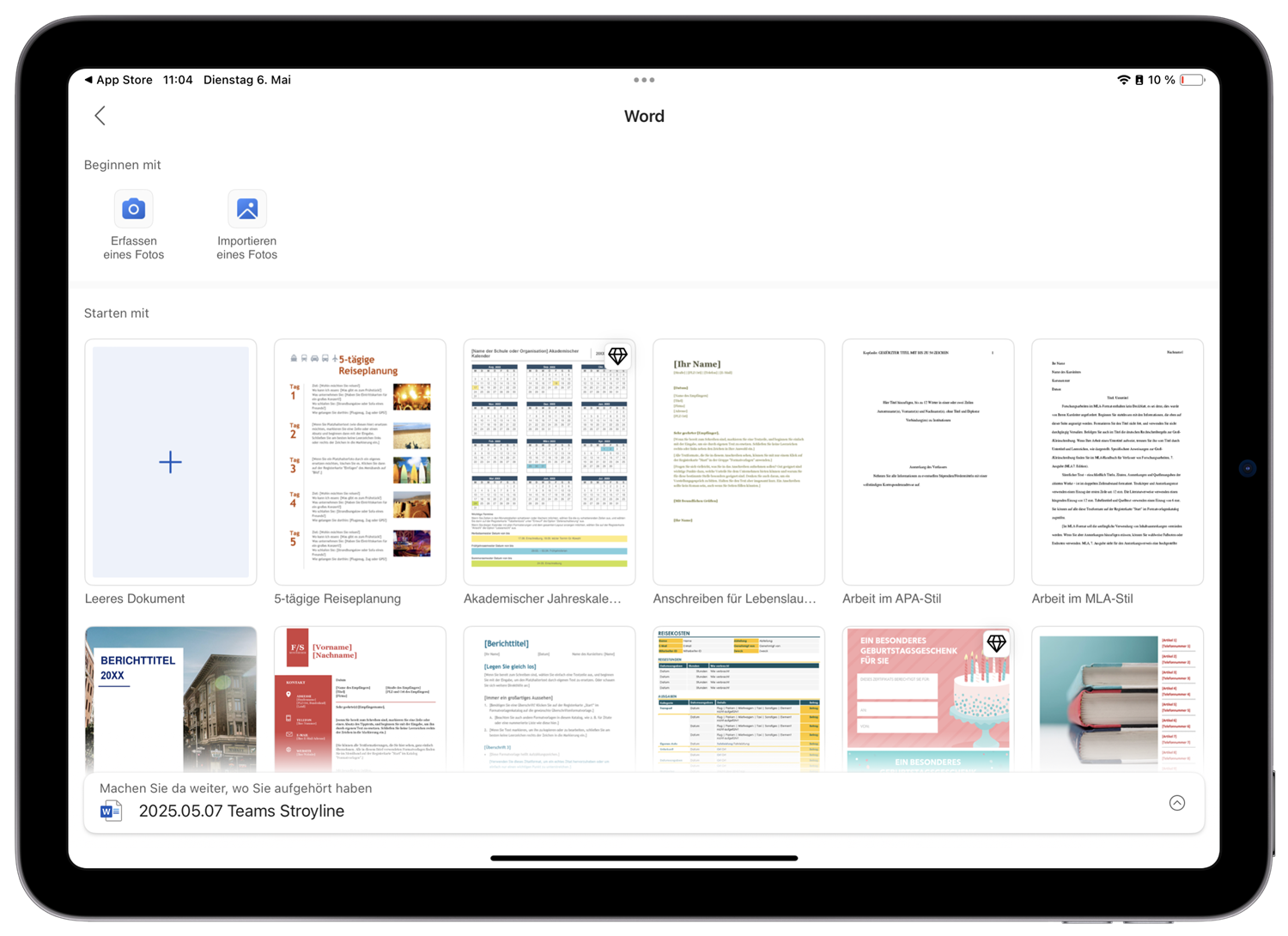 Microsoft Office für iPad Word erstellen