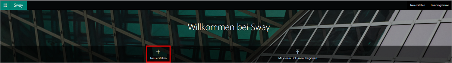 Sie können in Microsoft Sway eine neue Sway erstellen, indem Sie auf "Neu erstellen" klicken.