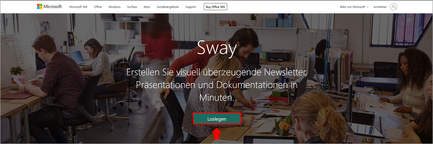 Sie können Microsoft Sway über den Browser öffnen und mit dem Klick auf "Loslegen" eine neue Sway starten.