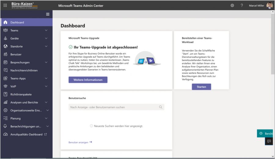 Die Administratoren können zusätzlich zum allgemeinen Admin Center auch auf den Microsoft Teams Admin Center zugreifen.