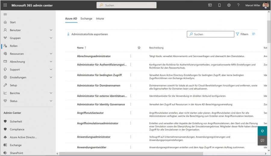 Im Microsoft 365 Admin Center können Sie im Bereich "Rollen" alle Administrator-Varianten einsehen.