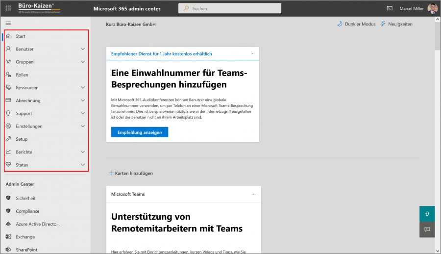 Überblick über alle Einstellungsmöglichkeiten im Microsoft 365 Admin Center.