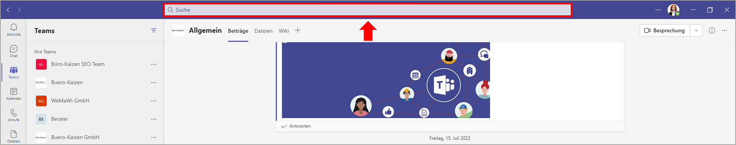 Microsoft Teams Chat Befehle und Shortcuts: Die Chat Befehle werden in Teams in die Zeile "Suche" am oberen Bildschirmrand eingetippt.