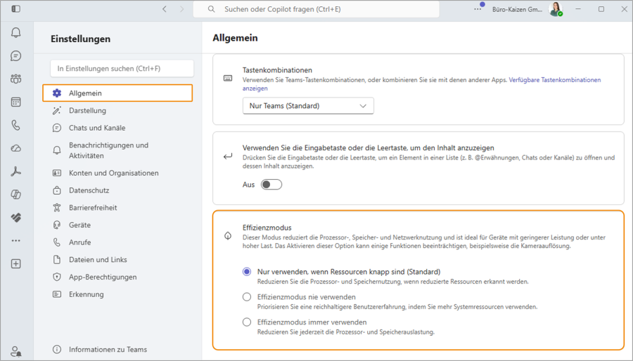 Microsoft Teams Effizienzmodus