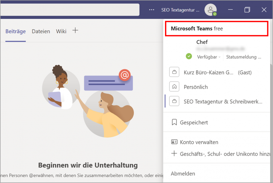 Ob Sie eine kostenlose Microsoft-Teams-Version nutzen, können Sie oben rechts einsehen. Ist dies der Fall, dann fehlt Ihnen leider automatisch auch die Kalenderfunktion. Das lässt sich dann nur durch ein Upgrade der Programm-Version ändern.