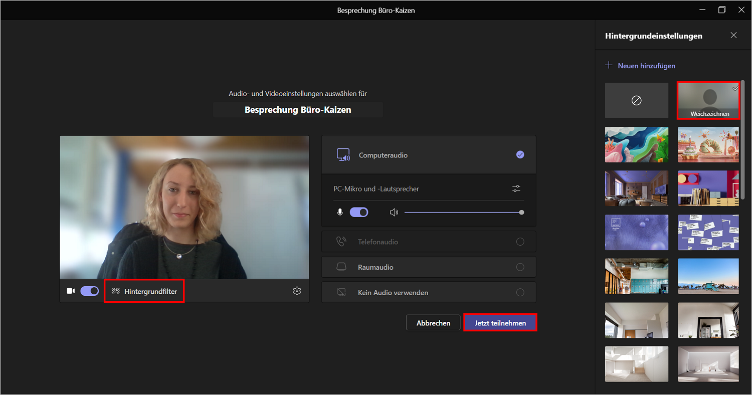 Den Schalter für das Ändern der Hintergrundeinstellungen bei Videokonferenzen in Teams finden Sie direkt zwischen den Schaltern für die Kamera und für das Mikrofon. Bild: Microsoft, Büro-Kaizen.