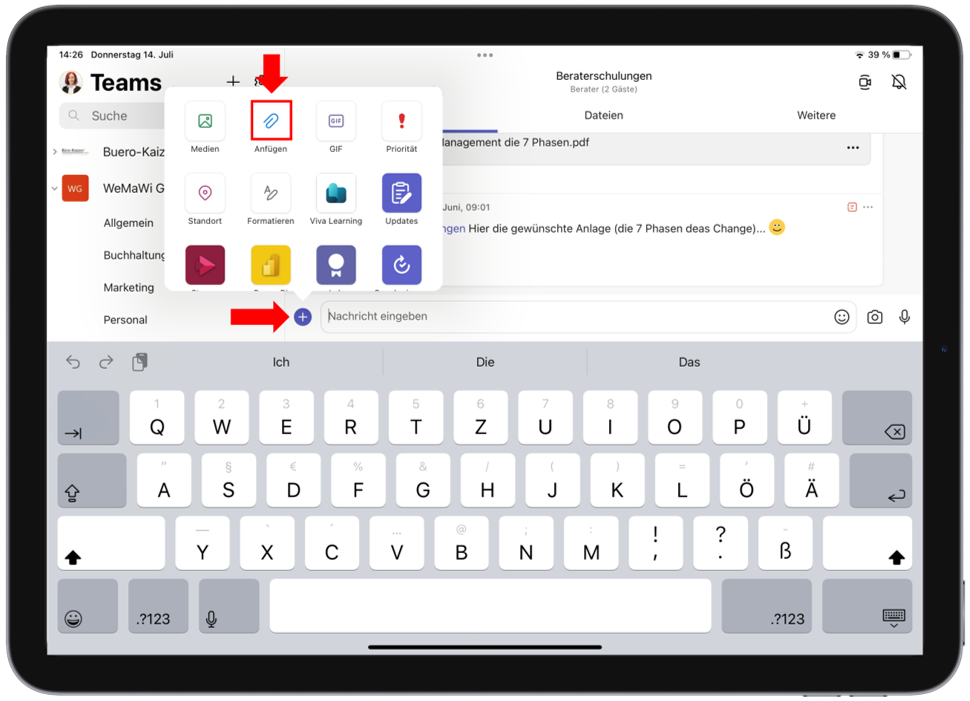 In den Kanälen von Microsoft Teams für iPad können Sie Dateien mit anderen teilen.