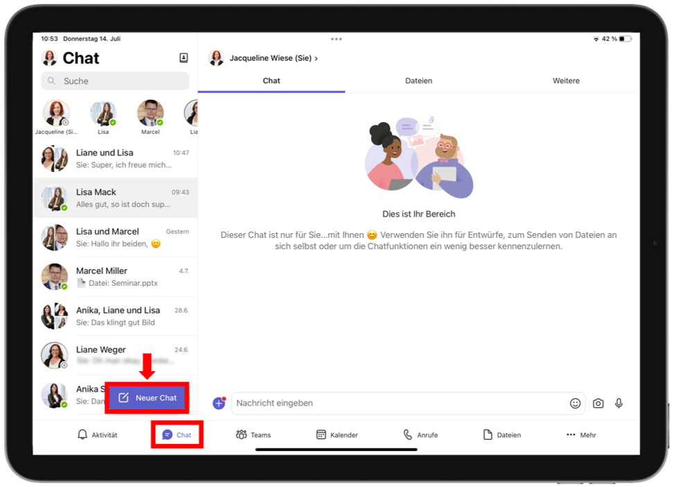 In Microsoft Teams für iPad können Sie über "Neuer Chat" eine Unterhaltung beginnen.