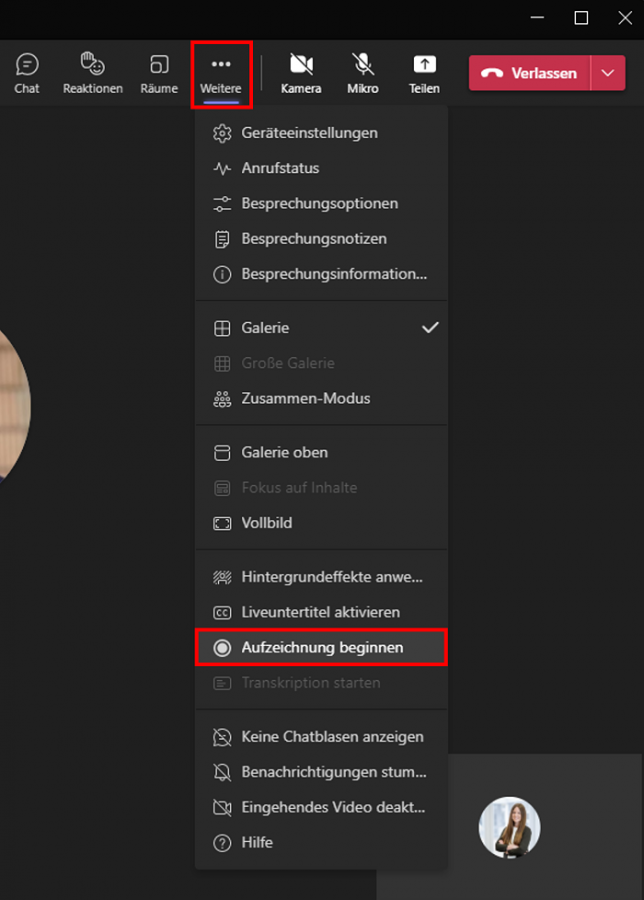 Aufzeichnung eines Meetings in Teams starten