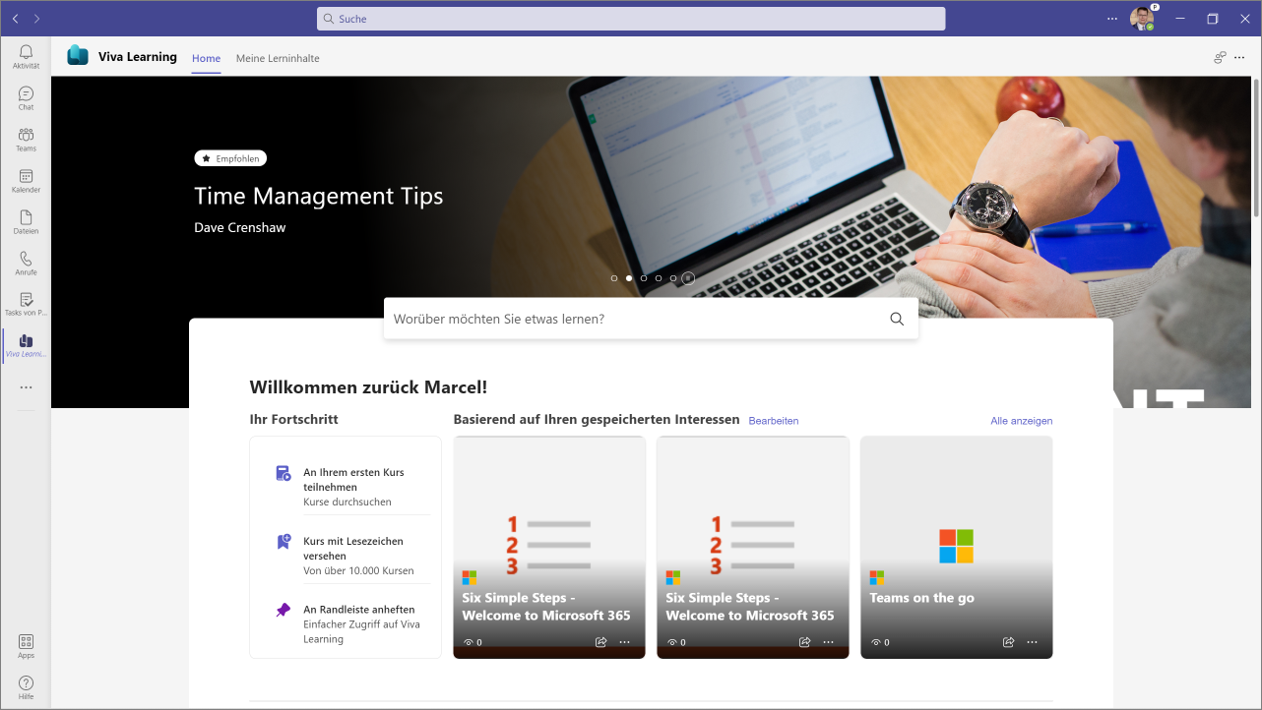 Die Startseite von Microsoft Viva Learning in der Teams-Anwendung.