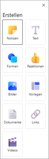 In Microsoft Whiteboard haben Sie reichlich Auswahl im „Erstellen-Menü“.