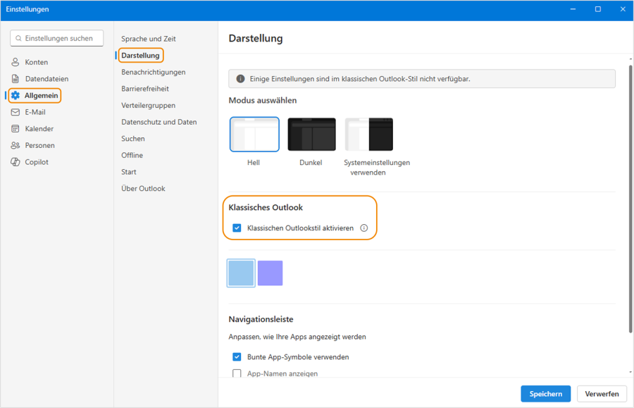 Neues Outlook klassisches Design Einstellung