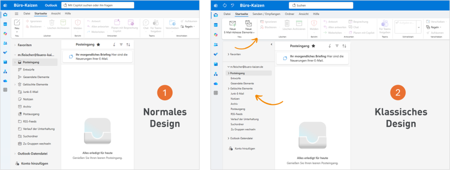 Neues Outlook im klassischen Design Ordnerbereich und Menüleiste