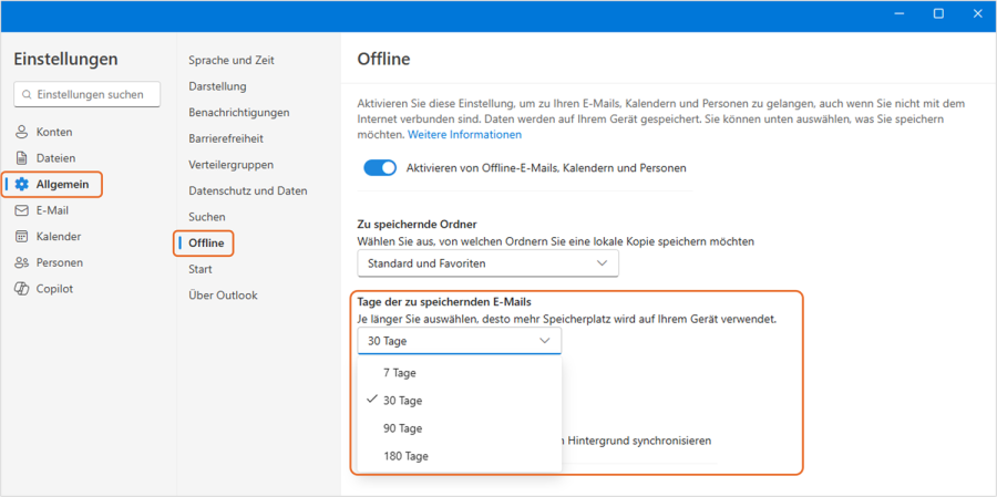 Outlook Offline-Synchronisation Zeitraum verlängert