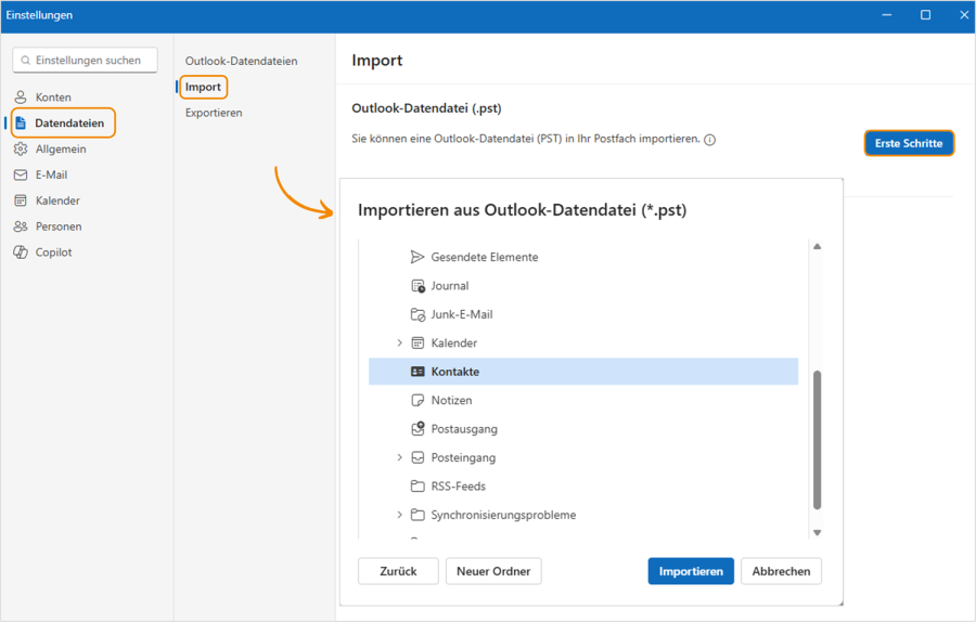 Neues Outlook pst-Datei importieren