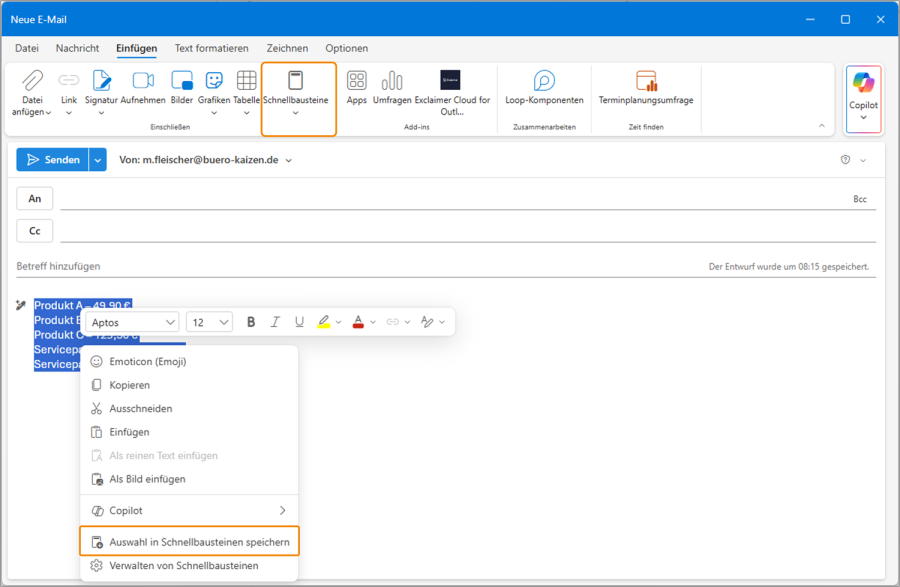 Neues Outlook Schnellbausteine erstellen